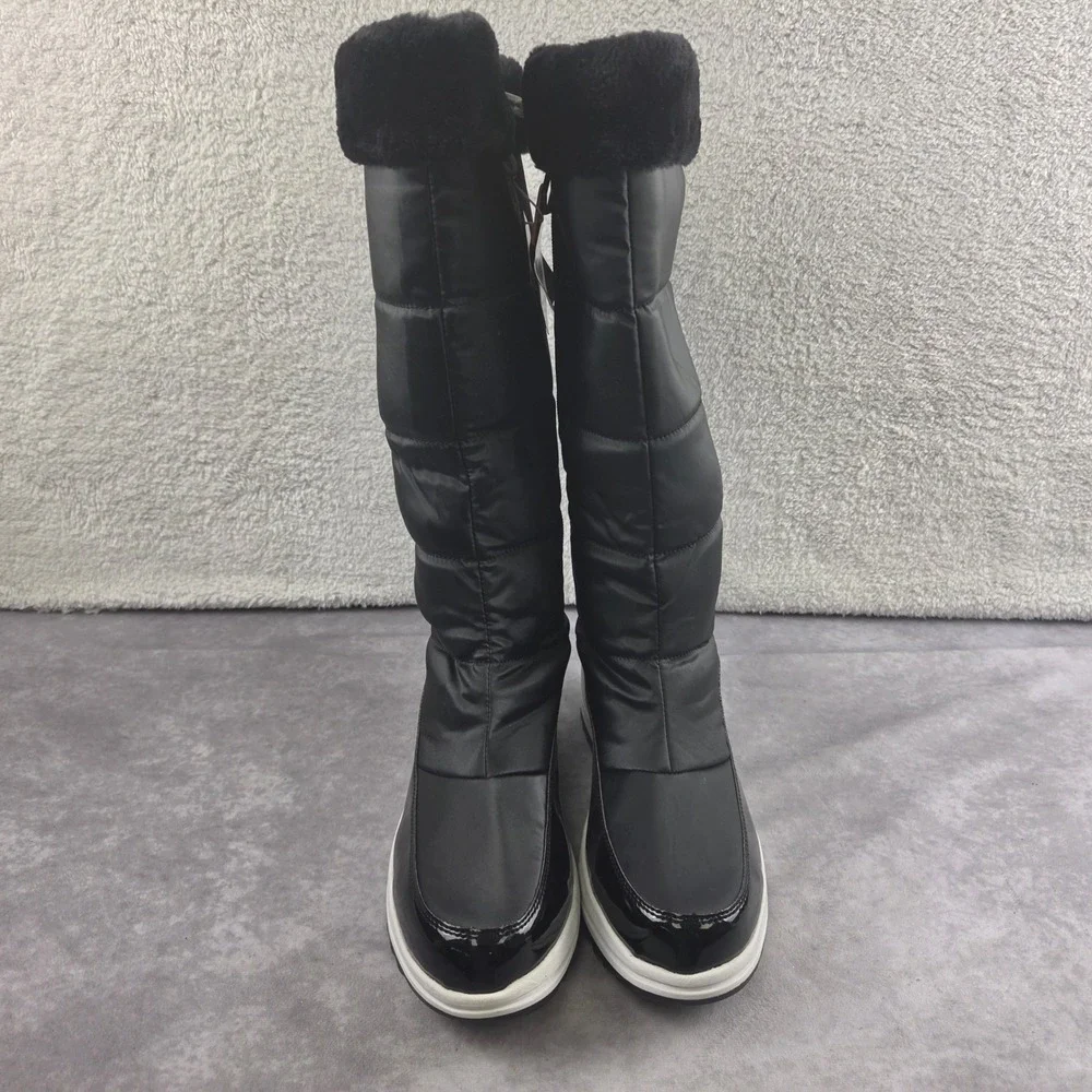 Sporto Womens Black Quilted Puffer Snow Boots Faux Fur Trim Wedge Heel Size 11M